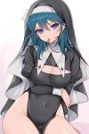  1girl absurdres alternate_costume bangs banned_artist black_dress blue_eyes blue_hair breasts byleth_(fire_emblem) byleth_(fire_emblem)_(female) cleavage cleavage_cutout clothing_cutout commentary_request covered_navel cross cross_necklace dress fire_emblem fire_emblem:_three_houses groin habit hair_between_eyes highres jewelry juliet_sleeves long_hair long_sleeves looking_at_viewer medium_breasts mouth_hold necklace no_panties nun puffy_sleeves shimizu_akina sitting smile solo thighs 