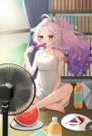  1girl absurdres bangs_pinned_back barefoot blush dress electric_fan feet food food_in_mouth fruit gradient_hair henya_the_genius highres kurumingu long_hair looking_at_viewer multicolored_hair ponytail popsicle popsicle_in_mouth purple_hair solo sweat virtual_youtuber vshojo watermelon white_dress yellow_eyes 