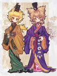  2girls alternate_costume bamboo_slips blonde_hair chinese_clothes chinese_commentary commentary_request dress green_dress green_sash hanfu highres jade_pendant matara_okina multiple_girls orange_robe peng_lai_gou_qi_zi pink_dress pink_sash purple_robe robe sash tassel touhou toyosatomimi_no_miko vase wide_sleeves xiao_guan_(headdress) yellow_eyes yuntouxie zhijupao 