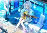  1girl absurdres ahoge blue_eyes blue_hair blush boots bus_stop cellphone commentary_request double-parted_bangs dress earphones eumi_114 full_body guitar highres hitodama holding holding_guitar holding_instrument instrument kasukane_shino long_hair long_sleeves nanashi_inc. official_art phone smartphone solo virtual_youtuber water white_boots 