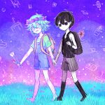  2boys antenna_hair backpack bag barefoot basil_(headspace)_(omori) basil_(omori) black_bag black_eyes black_hair black_socks black_tank_top blue_overalls blush brown_bag closed_mouth colored_skin commentary_request double-parted_bangs flower flower_wreath grass green_eyes green_hair green_shirt grey_shorts hair_between_eyes head_wreath highres holding holding_flower holding_hands kneehighs looking_at_another male_focus multiple_boys omori omori_(omori) open_mouth overall_shorts overalls purple_sky sakakien shirt short_sleeves shorts sidelocks sky smile socks striped_clothes striped_shorts sunflower t-shirt tank_top tulip vertical-striped_clothes vertical-striped_shorts watch white_flower white_skin white_tulip wristwatch 