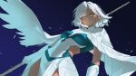  1girl cape commentary english_commentary feathers female_eshmel_(fire_emblem) fire_emblem fire_emblem:_fortune's_weave grey_armor holding holding_polearm holding_weapon night outdoors polearm solo_focus spear tan weapon white_cape white_hair yellow_eyes yurika_qwq 