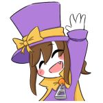  1girl a_hat_in_time arm_up blush_stickers bow cape child closed_eyes colored_skin commentary english_commentary facing_viewer fang hat hat_bow hat_kid hat_ribbon head_tilt jacket long_sleeves open_hand open_mouth outline purple_hat purple_jacket ribbon simple_background smile softum solo sticker_(medium) top_hat transparent_background upper_body waving white_outline white_skin yellow_bow yellow_cape yellow_ribbon zipper_pull_tab 