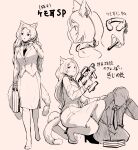  1boy 1girl :3 absurdres animal_ears book book_stack breasts cat_ears cat_girl cat_tail commentary_request faceless faceless_male greyscale gun headset high_heels highres holding holding_gun holding_suitcase holding_weapon jacket kneeling large_breasts long_hair mikirou monochrome multiple_tails necktie original skirt squatting suitcase sweatdrop tail translation_request two_tails weapon 