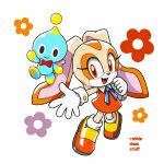  1girl :d animal_ears artist_name brown_eyes chao_(sonic) cheese_(sonic) commentary cream_the_rabbit dress english_commentary full_body furry furry_female gloves highres looking_at_viewer open_mouth orange_dress orange_shoes rabbit_ears rabbit_girl robertbegg_art shoes sleeveless sleeveless_dress smile socks sonic_(series) white_background white_gloves white_socks 