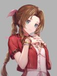  1girl aerith_gainsborough arm_belt bangle bangs bracelet braid braided_ponytail breasts brown_hair buttons choker cropped_jacket dress final_fantasy final_fantasy_vii final_fantasy_vii_remake green_eyes grey_background hair_ribbon hands_on_own_chest jacket jewelry long_hair looking_at_viewer medium_breasts nail_polish own_hands_together parted_bangs pink_dress pink_nails pink_ribbon red_jacket ribbon sasanomesi short_sleeves sidelocks smile solo upper_body wavy_hair 