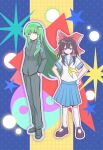  2girls absurdres alternate_costume black_jacket black_pants black_shoes blue_shoes blue_skirt bow brown_eyes brown_hair brown_shoes chinese_commentary commentary_request contemporary crossdressing crossdressing_(ftm) frilled_bow frilled_hair_tubes frills frog_hair_ornament full_body gakuran green_hair hair_bow hair_ornament hair_tubes hakurei_reimu hands_on_own_hips height_difference highres jacket kneehighs kochiya_sanae long_hair looking_at_viewer multiple_girls neckerchief oldyazhi pants red_bow school_uniform shirt shoes single_hair_tube skirt snake_hair_ornament socks touhou very_long_hair white_shirt yellow_eyes yellow_neckerchief 