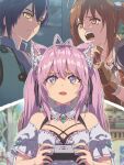  1boy 2girls animal_ear_fluff animal_ears antenna_hair armor bare_shoulders black_ribbon blue_jacket blue_shirt blurry blurry_background braid breasts brown_gloves chiharu_(9654784) cleavage clenched_hand closed_mouth collar commentary_request controller crown_braid crying crying_with_eyes_open detached_collar detached_sleeves double-parted_bangs dress eiyuu_densetsu estelle_bright fingerless_gloves game_controller gloves grey_sky hair_between_eyes hair_ribbon hairband hakui_koyori hand_up highres holding holding_controller holding_game_controller hololive indoors jacket joshua_bright large_breasts leather leather_gloves long_hair medium_breasts metal_hairband multiple_girls open_mouth orange_eyes outdoors partially_shaded_face pauldrons pink_hair popped_collar purple_eyes ribbon shirt short_sleeves shoulder_armor sidelocks single_pauldron sky sobbing sora_no_kiseki sora_no_kiseki_fc streaming_tears tail tearing_up tears upper_body virtual_youtuber white_collar wispy_bangs wolf_ears wolf_girl wolf_tail yellow_eyes 