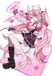  1girl :d ahoge asymmetrical_legwear black_boots black_skirt black_thighhighs boots choker commentary_request demon_girl demon_horns demon_wings hair_ornament head_wings heart heart_ahoge heart_hair_ornament heart_o-ring heart_ring_choker highres horns ironmouse ironmouse_(15th_costume) jacket long_hair looking_at_viewer mismatched_legwear multicolored_hair multiple_wings o-ring o-ring_choker one_eye_closed pantyhose pink_choker pink_hair pink_jacket pink_shoes pointy_ears purple_eyes purple_hair shoes skirt smile spiked_choker spikes streaked_hair thighhighs tobio_illust twintails virtual_youtuber vshojo white_horns white_pantyhose wings 