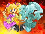 \m/ aqua_bow aqua_bowtie aqua_shirt aqua_skirt black_shoes blonde_hair blue_eyes blue_skin bow bowtie colored_skin commentary eyelashes ghost_girl hair_bow hair_over_eyes holding_hands long_hair looking_at_another mari-kari pink_bow pink_bowtie pink_skirt shirt shoes siblings sisters skirt sleeves_past_fingers sleeves_past_wrists socks teeth toon_(style) twins twintails upper_teeth_only white_socks yellow_shirt zel_(zelgatd) 