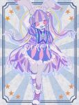  1girl :d animal_ear_fluff animal_ears arm_up blue_background blue_tongue blunt_bangs bow colored_tongue commentary_request footwear_bow frilled_skirt frills full_body furry furry_female grey_fur highres long_hair looking_at_viewer meg_(115meg) multicolored_hair open_mouth original outline pink_bow pink_hair pink_skirt purple_hair purple_shirt purple_shoes purple_skirt rabbit_ears rabbit_girl red_eyes shirt shoes short_sleeves skirt smile solo standing star_(symbol) striped_clothes striped_shirt striped_skirt sunburst sunburst_background two-tone_hair two-tone_skirt two_side_up vertical-striped_clothes vertical-striped_shirt vertical-striped_skirt very_long_hair white_outline 