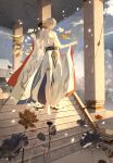  1078653452 1boy absurdres bare_legs bare_pectorals bishounen blonde_hair earrings falling_petals flower full_body green_eyes hair_between_eyes highres japanese_clothes jewelry lotus male_focus official_art onmyoji pale_skin pectorals petals shikigami short_hair solo standing taishakuten_(onmyoji) white_hair 