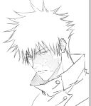  1boy buttons closed_mouth fushiguro_megumi highres jacket jujutsu_kaisen jujutsu_tech_uniform looking_at_viewer male_focus scar scar_on_face short_hair simple_background solo spiked_hair sso_s white_background 