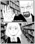  1boy 1girl absurdres anya_(spy_x_family) bald beard breaking_bad child cone_hair_bun crossover eden_academy_uniform english_text facial_hair female_child glasses hair_bun hairpods highres holding holding_star library monochrome old old_man realistic spy_x_family star_(symbol) walter_white xyanaid 