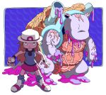  1girl 1other bag blastoise blue_shirt body_horror brown_eyes brown_hair cannon closed_mouth commentary english_commentary frlg.ips hat hellspawnmotel holding holding_poke_ball horror_(theme) leaf_(pokemon) long_hair looking_at_viewer loose_socks millennium_(frlg.ips) no_eyes pink_liquid poke_ball poke_ball_(basic) pokemon pokemon_(creature) pokemon_firered_and_leafgreen red_skirt shirt shoes shoulder_cannon simple_background skirt sleeveless sleeveless_shirt socks sweat sweatdrop turtle water white_hat wristband 