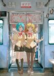  2girls black_pantyhose black_skirt black_socks blonde_hair blue_eyes blue_hair bow bowtie brown_shoes charlotte_(madoka_magica) chartime day drill_hair highres juliet_sleeves kneehighs kyubey loafers long_sleeves looking_at_viewer mahou_shoujo_madoka_magica mahou_shoujo_madoka_magica_(anime) miki_sayaka mitakihara_school_uniform multiple_girls open_mouth pantyhose puffy_sleeves red_bow red_bowtie school_uniform shoes short_hair skirt socks tomoe_mami train_interior translated white_shoes yellow_eyes 