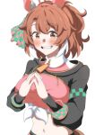  1girl ahoge animal_ears aoi_tenjiku black_leggings black_shrug blush breasts brown_eyes brown_hair checkered_ribbon commentary dantsu_flame_(center_spotlight)_(umamusume) dantsu_flame_(umamusume) ear_covers ear_ribbon grin hair_between_eyes hairband highres horse_ears horse_girl horse_tail large_breasts leggings leggings_under_shorts looking_at_viewer midriff multicolored_hair navel open_mouth pink_hairband pink_shorts shirt shorts shrug_(clothing) simple_background smile solo tail teeth tied_shirt umamusume untranslatable_commentary white_background white_hair 