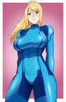  1girl arms_behind_back bangs baracco blonde_hair blue_eyes blush bodysuit breasts covered_navel english_commentary highres large_breasts long_hair looking_at_viewer metroid mole mole_under_mouth ponytail samus_aran sidelocks skin_tight smile solo zero_suit 