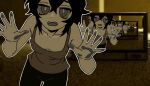  1girl absurdres backrooms_(creepypasta) black_hair black_pants breasts brown_tank_top collarbone colored_sclera commentary crt dot_nose grey_eyes grey_sclera hair_between_eyes highres kaneda-san_(6ztlmizn8gmcthp) looking_at_viewer looping_the_rooms_(vocaloid) looping_the_rooms_girl medium_hair messy_hair multiple_views open_mouth outline pants recursion small_breasts tank_top television through_medium white_outline wolf_cut 