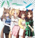  4girls almond_eye_(casual)_(umamusume) almond_eye_(umamusume) animal_ears blonde_hair blue_eyes bow_hairband breasts brown_hair casual commentary_request ear_covers fusaichi_pandora_(casual)_(umamusume) fusaichi_pandora_(umamusume) green_eyes hair_between_eyes hairband horse_ears horse_girl horse_tail jojo_no_kimyou_na_bouken king_halo_(casual)_(umamusume) king_halo_(umamusume) let's_hit_the_road_(jojo) multiple_girls pantyhose parody pink_eyes red_eyes rhein_kraft_(casual)_(umamusume) rhein_kraft_(umamusume) seki_(hyokosho) stardust_crusaders symbol-shaped_pupils tail translation_request twintails umamusume white_hairband x-shaped_pupils 