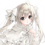  1girl ahoge bow center_frills dress dress_bow frilled_bow frilled_dress frilled_sleeves frills grey_eyes grey_hair hair_between_eyes hair_bow hand_up heart highres kasugano_sora long_hair long_sleeves looking_at_viewer open_mouth sayaaatat sidelocks simple_background solo twintails upper_body white_background white_bow white_dress wide_sleeves yosuga_no_sora 
