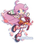  1girl ahoge ankle_flower apron blue_eyes blush_stickers cherry_blossoms clenched_hand commentary_request dango earrings falling_petals flower food full_body hair_ornament hands_up holding holding_plate japanese_clothes jewelry kimono long_hair official_alternate_costume official_style open_mouth orange_kimono pantyhose petal_print petals pimyuhuwa pink_flower pink_hair pink_pantyhose pink_petals plate print_kimono puyopuyo puyopuyo_quest raffina_(puyopuyo) raffina_(sakura)_(puyopuyo) sandals sanshoku_dango short_kimono short_sleeves simple_background smile solo striped_clothes striped_pantyhose tasuki twitter_username v-shaped_eyebrows very_long_hair wagashi waist_apron waitress white_apron white_background wing_hair_ornament zouri 