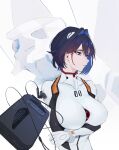  1girl absurdres ayanami_rei ayanami_rei_(cosplay) blue_eyes blue_hair bodysuit breasts cassette_player colored_inner_hair cosplay covered_collarbone eipanguino eva_00 hair_intakes highres hololive hololive_english interface_headset_(evangelion) large_breasts mecha_pilot_suit multicolored_hair neon_genesis_evangelion ouro_kronii plugsuit_(evangelion) short_hair skin_tight solo turning_head upper_body virtual_youtuber white_background white_bodysuit 
