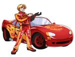  1boy black_gloves blonde_hair car cars_(movie) gloves gloves_removed green_eyes grin ground_vehicle highres lightning_mcqueen male_focus motor_vehicle personification racing_suit smile solo tina_fate 