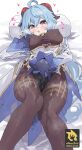  1girl :o absurdres ahoge bare_shoulders black_gloves black_panties blue_hair blush bodystocking breasts commentary_request covered_nipples detached_sleeves female_masturbation fingering fingering_through_clothes ganyu_(genshin_impact) genshin_impact gloves goat_horns grabbing_own_breast hair_between_eyes hand_in_own_panties highres horns jewelry large_breasts leotard leotard_under_clothes looking_at_viewer lying masturbation masturbation_through_clothes naa_onn nipple_stimulation nipple_tweak open_mouth panties pantyhose pillow purple_eyes pussy_juice solo thighlet through_clothes tweaking_own_nipple underwear white_sleeves 