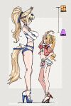 2girls absurdres animal_ears blonde_hair breasts commentary crossed_arms height_difference high_heel_sandals high_heels highres hoot_hoot_owl horse_ears horse_girl horse_tail jacket luciana_de_montefio luciana_de_montefio_(princess_on_holiday) multiple_girls pink_jacket pink_visor_cap sandals sigrid_de_l'azur sigrid_de_l'azur_(majestic_wavechaser) simple_background tail untranslatable_commentary visor_cap zenless_zone_zero 
