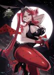  1girl animal_ears baobhan_sith_(bloody_bunny)_(fate) baobhan_sith_(fate) bare_shoulders black_leotard breast_tattoo breasts cleavage cocktail_glass commentary cup demon_wings detached_collar drinking_glass earrings fake_animal_ears fate/grand_order fate_(series) fishnet_pantyhose fishnets flower_tattoo full_moon gloves grey_eyes grin hair_intakes high_heels highleg highleg_leotard highres jewelry large_breasts leotard long_hair looking_at_viewer moon ou_syoku7 pantyhose pink_hair playboy_bunny pointy_ears rabbit_ears red_gloves red_pantyhose sidelocks smile solo swept_bangs tattoo thighs twintails untranslatable_commentary very_long_hair wings 