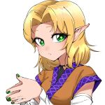  1girl arm_warmers blonde_hair blush brown_shirt curtained_hair expressionless fingernails green_eyes green_nails looking_at_viewer mizuhashi_parsee own_hands_together parted_lips pointy_ears shirt short_hair short_sleeves simple_background solo touhou upper_body white_background yokozuna_iwashi 