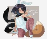  1girl :< anger_vein animal_ears black_hair black_scarf border breasts brown_pantyhose bunny_day closed_mouth commentary_request dated fox_ears fox_girl fox_tail grey_background grey_border half-closed_eyes kuji-in kukuri_(mawaru) lace lace_pantyhose leotard mawaru_(mawaru) original pantyhose playboy_bunny red_eyes scarf shoes small_breasts solo standing standing_on_one_leg strapless strapless_leotard tail white_leotard white_shoes wrist_cuffs 