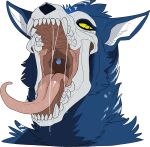  absurd_res ambiguous_gender anthro black_nose blue_body blue_ears blue_fur blue_head_tuft bodily_fluids bone cheek_tuft facial_tuft fangs fur head_tuft headshot_portrait hi_res imperatorcaesar long_tongue looking_aside mouth_shot narrowed_eyes neck_tuft open_mouth pink_tongue portrait saliva saliva_on_chin saliva_on_tongue saliva_string simple_background skull skull_head solo tongue tuft white_background white_inner_ear yellow_eyes yellow_sclera 