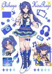  1girl absurdres beamed_sixteenth_notes belt blue_belt blue_boots blue_hair blue_shirt blue_skirt blue_theme boots brown_eyes camera character_name check_my_note_(idolmaster) chinese_commentary commentary_request create_festival_(idolmaster) feathers full_body glasses hand_on_own_cheek hand_on_own_face headphones heart highres holding holding_microphone idol idol_clothes idolmaster idolmaster_(classic) idolmaster_million_live! idolmaster_million_live!_theater_days idolmaster_one_for_all kisaragi_chihaya knee_boots lace-up_boots layered_skirt long_hair looking_at_viewer microphone miniskirt mou_(piooooon) multiple_views musical_note official_alternate_costume open_mouth shirt skirt smile sparkle standing wrist_cuffs 