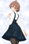  1girl back black_pantyhose braid brown_hair commentary_request feet_out_of_frame highres idolmaster idolmaster_million_live! idolmaster_million_live!_theater_days looking_at_another looking_back pantyhose sakuramori_kaori shanty_imas shirt simple_background smile solo standing white_shirt 