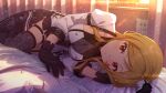  1boy 1girl black_gloves blonde_hair breasts card_commentary commentary_request facial_mark floral_print game_asset gloves grey_thighhighs heart heart_facial_mark idolmaster idolmaster_million_live! idolmaster_million_live!_theater_days indoors jacket long_hair looking_at_viewer lying momose_rio official_alternate_costume official_art on_side pov print_thighhighs red_eyes rose_print solo_focus sunset thighhighs third-party_source white_jacket 