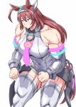  anbj animal_ears breasts brown_hair commentary_request ear_ornament grey_hairband grey_sleeves hairband headband highleg highleg_leotard horse_ears horse_girl horse_tail jewelry leotard lowleg mihono_bourbon_(mb-19890425)_(umamusume) mihono_bourbon_(umamusume) muscular muscular_female necktie necktie_overhang pink_necktie silver_hairband tail umamusume white_leotard 