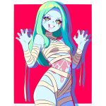  1girl bandages blizzard_(b1iz4rd) blood blood_from_mouth breasts colored_sclera colored_skin commentary cyberpunk:_edgerunners cyberpunk_(series) english_commentary fingernails green_hair halloween highres long_hair looking_at_viewer mechanical_eyes neck_tattoo petite pink_tattoo rebecca_(cyberpunk) red_sclera sharp_fingernails small_breasts smile solo stomach_tattoo tattoo 
