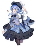  1girl :p ;p bird_hat_ornament black_bow black_capelet black_hat black_pantyhose blue_hair blue_necktie blue_skirt bow capelet collared_shirt commentary frilled_skirt frills grey_vest hair_bow hair_rings hat highres koishi_(kiwi0314) mahou_shoujo_no_majo_saiban necktie one_eye_closed orange_eyes pantyhose plaid_clothes plaid_skirt shirt short_hair simple_background single_leg_pantyhose skirt solo tachibana_sherry tongue tongue_out vest white_background white_shirt 