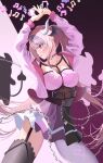  1girl ahoge black_thighhighs breasts choker commentary demon_girl demon_horns demon_wings hair_ornament head_wings heart heart_hair_ornament heart_o-ring heart_ring_choker heterochromia highres horns ironmouse ironmouse_(15th_costume) jacket long_hair multicolored_hair multicolored_skirt multiple_wings musical_note o-ring o-ring_choker open_mouth pink_choker pink_eyes pink_hair pink_jacket pointy_ears purple_eyes purple_hair skirt spiked_choker spikes streaked_hair thighhighs thighs tsukkun_(ged45uokqjyex7p) twintails virtual_youtuber vshojo white_horns wings 