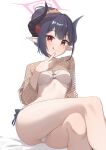  1girl :q absurdres bikini black_hair blue_archive blush breasts brown_shirt chiaki_(blue_archive) chiaki_(swimsuit)_(blue_archive) cleavage closed_mouth commentary_request crop_top crossed_legs demon_horns finger_to_own_chin fishnet_top fishnets hair_bun halo highres hirotaka0125 horns long_hair long_sleeves looking_at_viewer medium_breasts o-ring o-ring_bikini official_alternate_costume pointy_ears red_eyes revision shirt side-tie_bikini_bottom sidelocks simple_background sitting smile solo string_bikini swimsuit thighs tongue tongue_out white_background white_bikini 