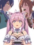 1boy 2girls animal_ear_fluff animal_ears antenna_hair armor bare_shoulders black_ribbon blue_jacket blue_shirt braid breasts brown_gloves chiharu_(9654784) cleavage clenched_hand closed_mouth collar commentary_request controller crown_braid crying crying_with_eyes_open detached_collar detached_sleeves double-parted_bangs dress eiyuu_densetsu estelle_bright fingerless_gloves game_controller gloves hair_between_eyes hair_ribbon hairband hakui_koyori hand_up highres holding holding_controller holding_game_controller hololive jacket joshua_bright large_breasts leather leather_gloves long_hair medium_breasts metal_hairband multiple_girls open_mouth orange_eyes partially_shaded_face pauldrons pink_hair popped_collar purple_eyes ribbon shirt short_sleeves shoulder_armor sidelocks simple_background single_pauldron sobbing sora_no_kiseki sora_no_kiseki_fc streaming_tears tail tearing_up tears upper_body virtual_youtuber white_background white_collar wispy_bangs wolf_ears wolf_girl wolf_tail yellow_eyes 