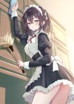  1girl absurdres against_furniture ahoge apron arm_up ass_peek back_bow black_dress blue_eyes bow breasts brown_hair character_request cleaning cleaning_rag commentary_request cowboy_shot dengeki_bunko dress duster frilled_apron frilled_dress frills from_below from_side hair_intakes highres holding holding_duster juliet_sleeves long_sleeves looking_at_viewer maid maid_apron maid_headdress medium_hair neck_ribbon official_art one_side_up parted_lips petticoat puffy_sleeves red_ribbon ribbon second-party_source small_breasts solo suki_datta_ko_wo_maid_ni_shitara_ore_no_heya_de_kossori_nani_ka_shiteiru thighs underbust white_apron yugaa 