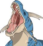  ambiguous_gender blue_body bodily_fluids cheek_horn eyes_closed feral glistening glistening_tongue hi_res imperatorcaesar mouth_shot open_mouth pink_tongue saliva saliva_on_chin saliva_on_tongue saliva_string solo species_request striped_neck tan_body tan_teeth tongue yellow_body 