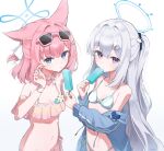  2girls animal_ear_fluff animal_ears bikini blue_archive blue_eyes blue_halo blue_jacket bow breasts choker commentary_request eyewear_on_head flat_chest flower flower_bikini food food-themed_hair_ornament fox_ears fox_girl hair_bow hair_ornament half_updo halo highres holding holding_food holding_popsicle jacket jacket_partially_removed long_hair miyako_(blue_archive) miyako_(c108_swimsuit)_(blue_archive) multiple_girls navel niko_(blue_archive) niko_(c108_swimsuit)_(blue_archive) noko_(nco029685627) official_alternate_costume pink_bikini pink_hair popsicle purple_eyes ruffle_bikini short_hair side_ponytail simple_background small_breasts stomach sunglasses swimsuit very_long_hair white_background white_bikini white_choker white_flower white_hair 