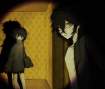  2girls backrooms_(2026_movie) backrooms_(creepypasta) black_hair colored_sclera colored_skin commentary extra_eyes extra_mouth extra_noses fennuka grey_eyes grey_sclera grey_shirt grey_skin hair_between_eyes highres horizontal_spotlight horror_(theme) indoors jacket liminal_space long_sleeves looking_at_viewer looping_the_rooms_(vocaloid) looping_the_rooms_girl medium_hair messy_hair multiple_girls open_clothes open_jacket oversized_jacket parted_lips plaid_clothes plaid_jacket shadow shirt sidelocks sleeves_past_fingers sleeves_past_wrists still_life_(backrooms) track_jacket turning_head wolf_cut 