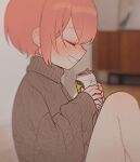  1girl alcohol aran_sweater beer beer_can blurry blurry_background brown_sweater cable_knit can commentary_request drink_can hn_(168x165_jj) holding holding_can jack_jeanne knee_up long_sleeves open_can pink_hair sapporo_beer short_hair sitting sleeves_past_wrists solo sweater tachibana_kisa turtleneck turtleneck_sweater 
