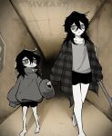  2girls absurdres artist_name backrooms_(creepypasta) bare_legs barefoot black_hair black_shorts ceiling colored_sclera colored_skin commentary dual_persona english_commentary grey_eyes grey_sclera grey_shirt grey_skin hair_between_eyes highres holding holding_hands hvkart indoors jacket long_hair long_sleeves looking_at_another looping_the_rooms_(vocaloid) looping_the_rooms_girl messy_hair multiple_girls open_clothes open_jacket plaid_clothes plaid_jacket shirt short_shorts shorts sideways_glance sleeves_past_fingers sleeves_past_wrists tile_ceiling tiles walking wolf_cut 