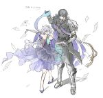  1boy 1girl alternate_costume armor armored_boots bare_shoulders black_coat black_gloves black_hair black_pants boots breasts cleavage closed_eyes closed_mouth coat dancing detached_sleeves dress english_text expressionless falling_paper full_body genderswap genderswap_(mtf) genderswap_on_non-genderswap genshin_impact gloves gradient_clothes gradient_dress hair_between_eyes hetero high_heels highres holding_hands long_hair looking_at_another medium_breasts mitya_(genshin_impact) open_mouth outstretched_arm pants pumps purple_eyes purple_shoes sash shoes short_hair shoulder_armor shoulder_sash simple_background smile trkz_tmwk valeriy_(genshin_impact) white_background white_hair 